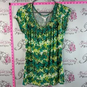 Christopher & Banks shirt top T-shirt Green Floral Ruched Scoop-Neck Tunic